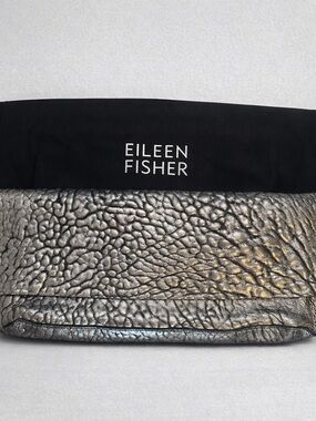 EILEEN FISHER Metallic Black Pebbled Leather Fold-Over Clutch